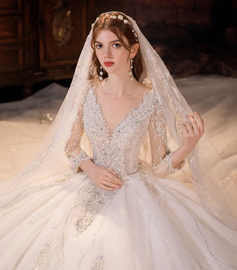 Glamorous Long Sleeves V-Neck Ball Gown Wedding Dress With Sequins Crystals - Image 2