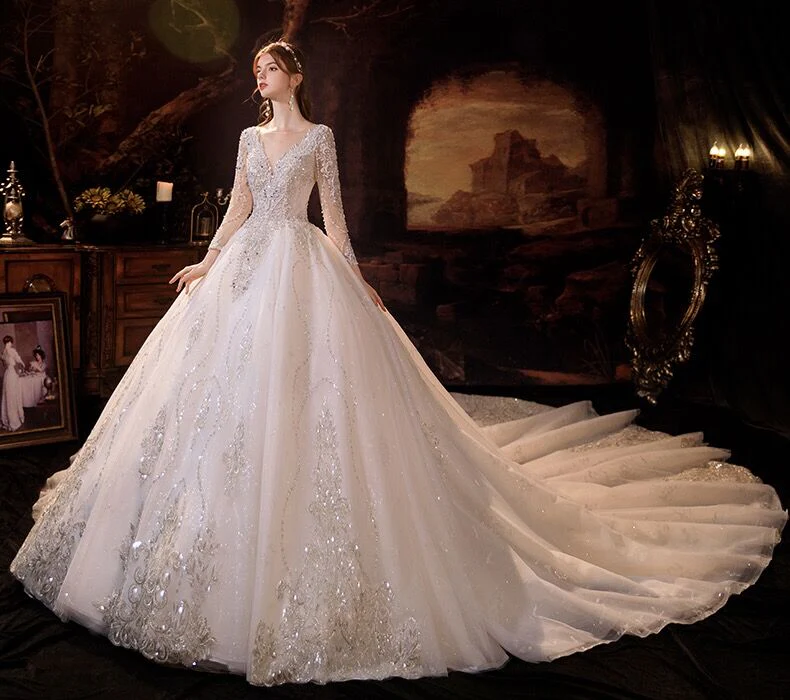 Glamorous Long Sleeves V-Neck Ball Gown Wedding Dress With Sequins Crystals - Image 3