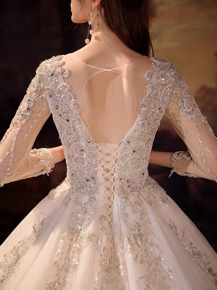 Glamorous Long Sleeves V-Neck Ball Gown Wedding Dress With Sequins Crystals - Image 5
