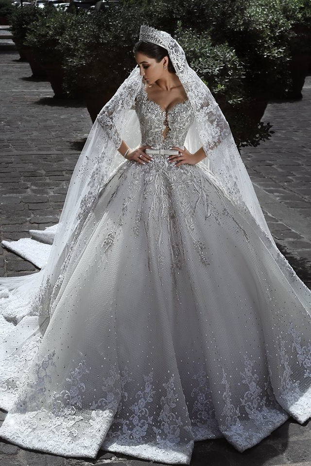 Glamorous Long Sleevess Tulle Appliques Wedding Dresses Crystal Bridal Ball Gowns with Bow - Image 2
