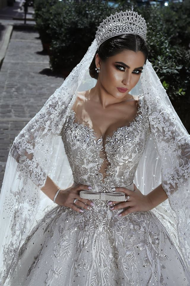 Glamorous Long Sleevess Tulle Appliques Wedding Dresses Crystal Bridal Ball Gowns with Bow - Image 3