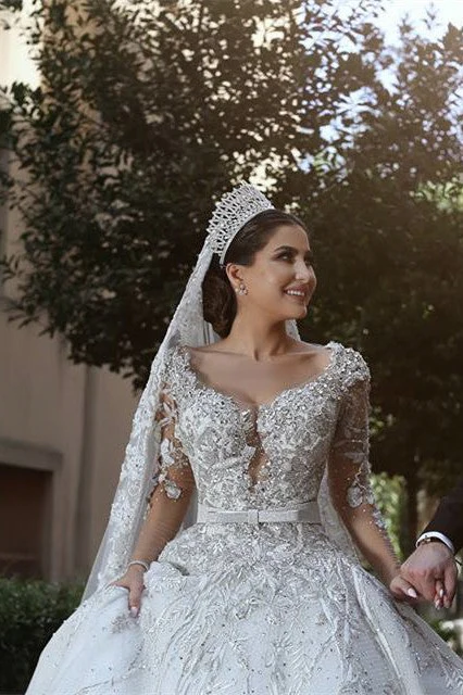 Glamorous Long Sleevess Tulle Appliques Wedding Dresses Crystal Bridal Ball Gowns with Bow - Image 4