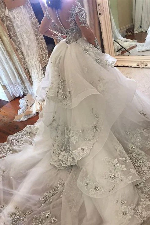 Glamorous Long Sleevess Tulle High Neck Bridal Gowns Appliques Wedding Dresses with Detachable Overskirt - Image 2