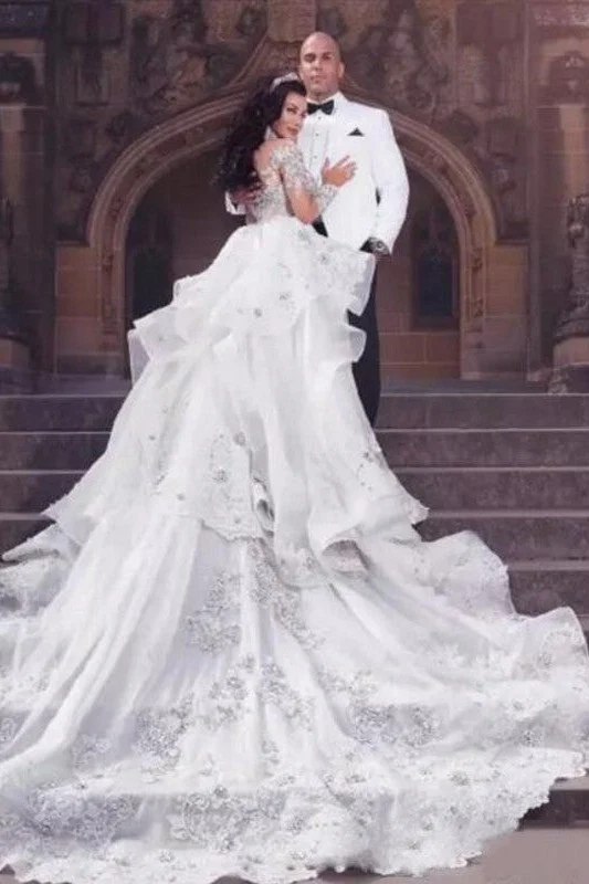 Glamorous Long Sleevess Tulle High Neck Bridal Gowns Appliques Wedding Dresses with Detachable Overskirt - Image 3