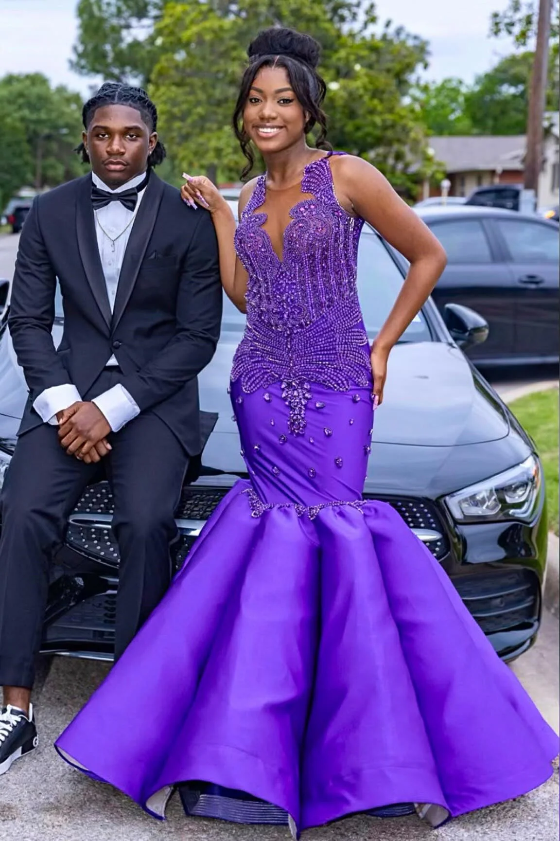 Glamorous Mermaid Purple Sleeveless Crystal Sexy Prom Dress - Image 3