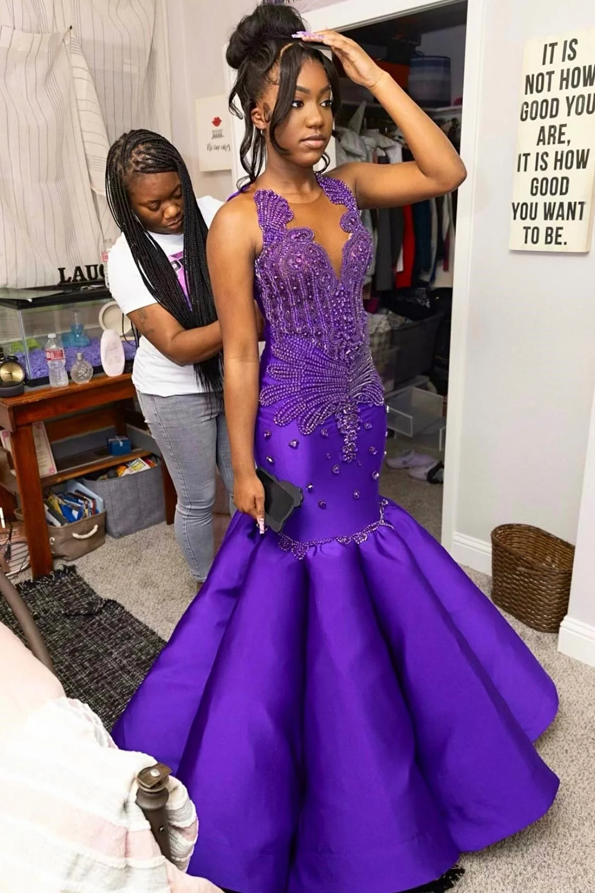 Glamorous Mermaid Purple Sleeveless Crystal Sexy Prom Dress - Image 4