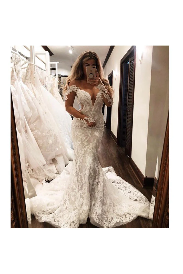 Glamorous Off the Shoulder Long Sleevess V Neck Appliques Mermaid Floor Length Wedding Dresses - Image 2