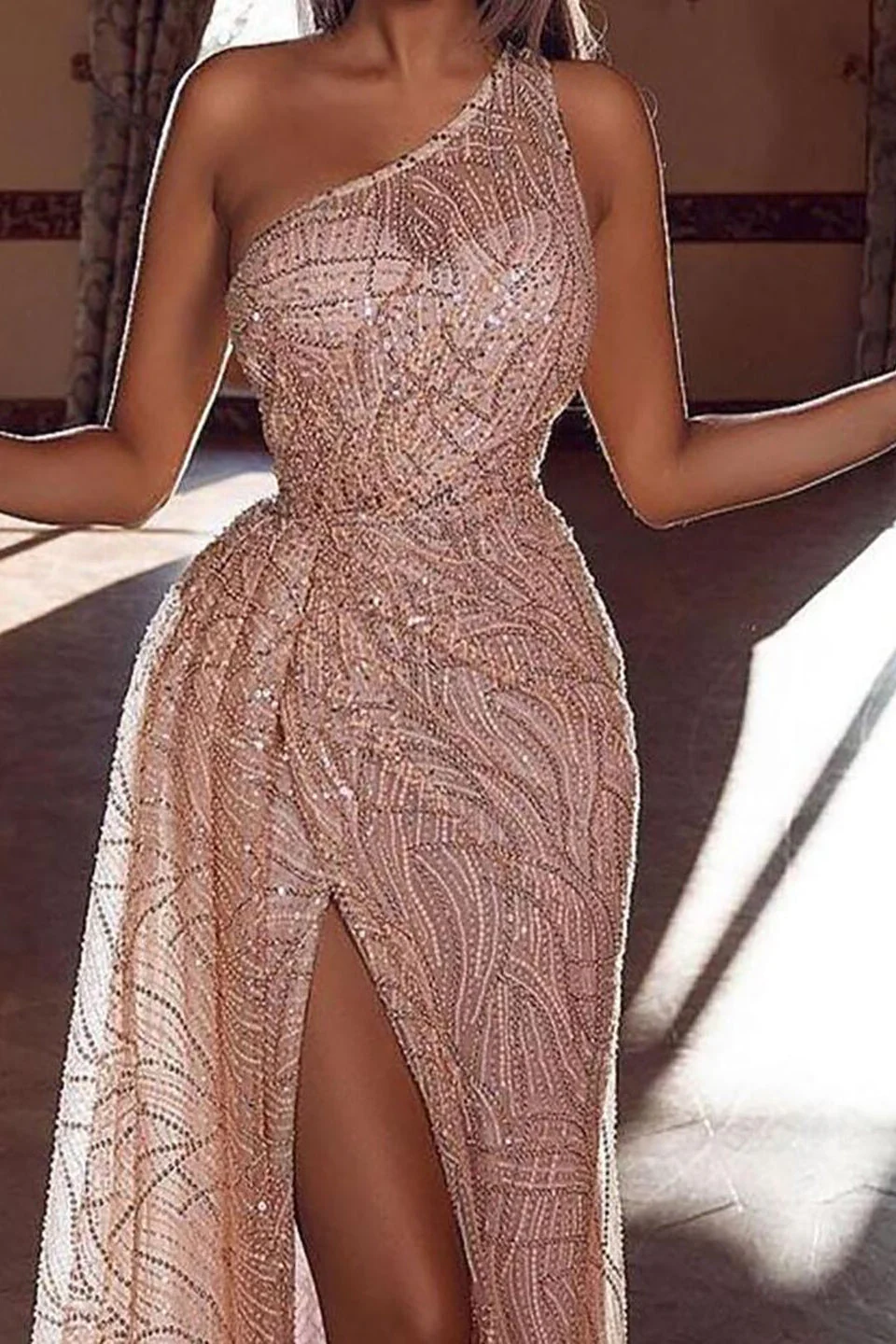 Glamorous One Shouder Sequins Prom Dress Long Slit Online - Image 2
