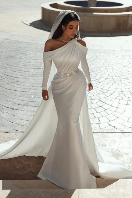 Charming One Shoulder Long Sleeves Mermaid Wedding Dress With Ruffles Long - Image 3