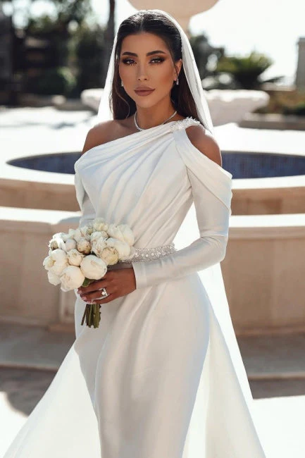 Charming One Shoulder Long Sleeves Mermaid Wedding Dress With Ruffles Long - Image 5
