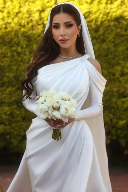 Charming One Shoulder Long Sleeves Mermaid Wedding Dress With Ruffles Long - Image 6