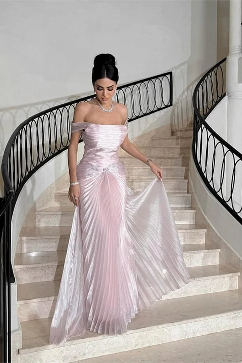 Glamorous Pink Off-The-Shoulder Prom Dress Sleeveless Sheath With Overskirt Pleats - Image 2