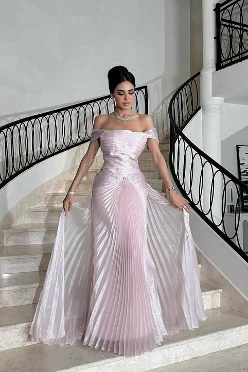 Glamorous Pink Off-The-Shoulder Prom Dress Sleeveless Sheath With Overskirt Pleats - Image 4