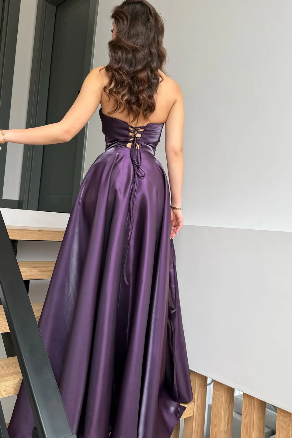 Glamorous Purple Strapless Sleeveless A-Line Prom Dresses Long Lace-Up Back With Pleats - Image 2