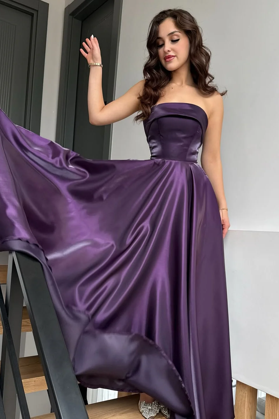 Glamorous Purple Strapless Sleeveless A-Line Prom Dresses Long Lace-Up Back With Pleats - Image 3