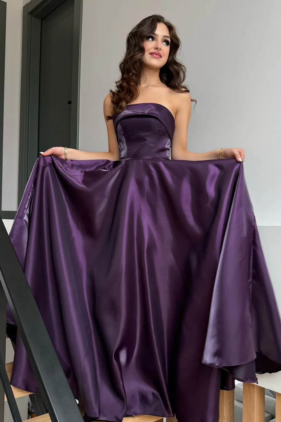 Glamorous Purple Strapless Sleeveless A-Line Prom Dresses Long Lace-Up Back With Pleats - Image 4