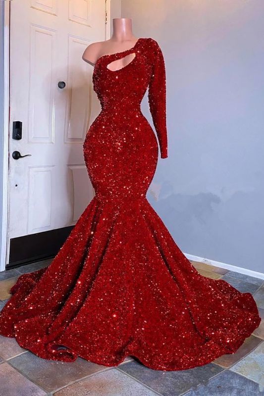 Amazing Red Long Sleeves Prom Dress One-Shoulder Mermaid With Sequins - Image 2