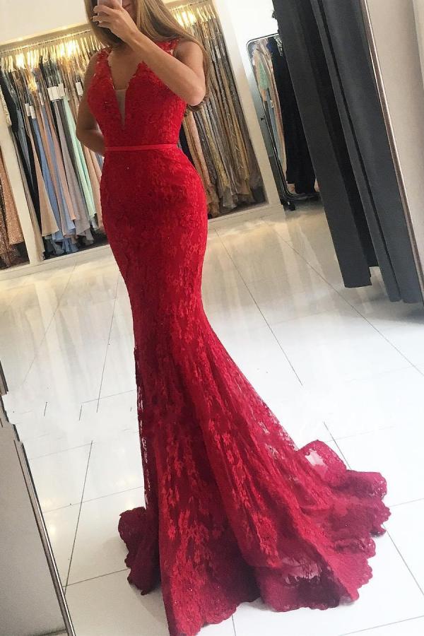 Glamorous Red Wide Strap Lace Evening Dress V-neck Long - Image 2