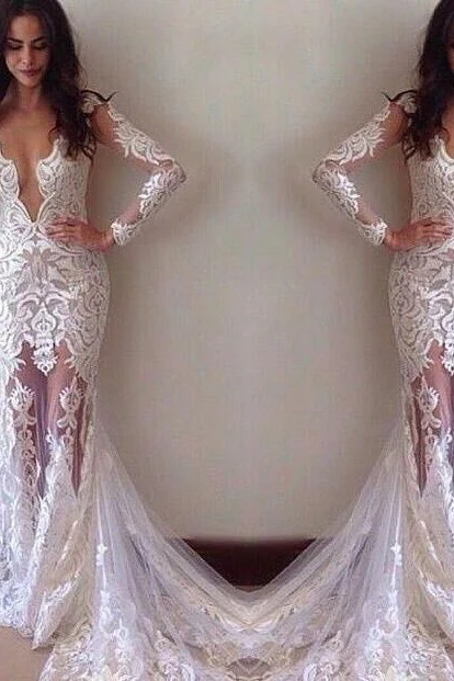 Glamorous Sheath Long Sleeves Lace Appliques Modern Wedding Dress - Image 2