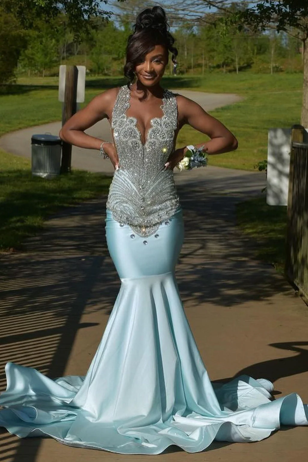 Glamorous Sky Blue Crystal Mermaid Sleeveless V-Neck Prom Dress - Image 2