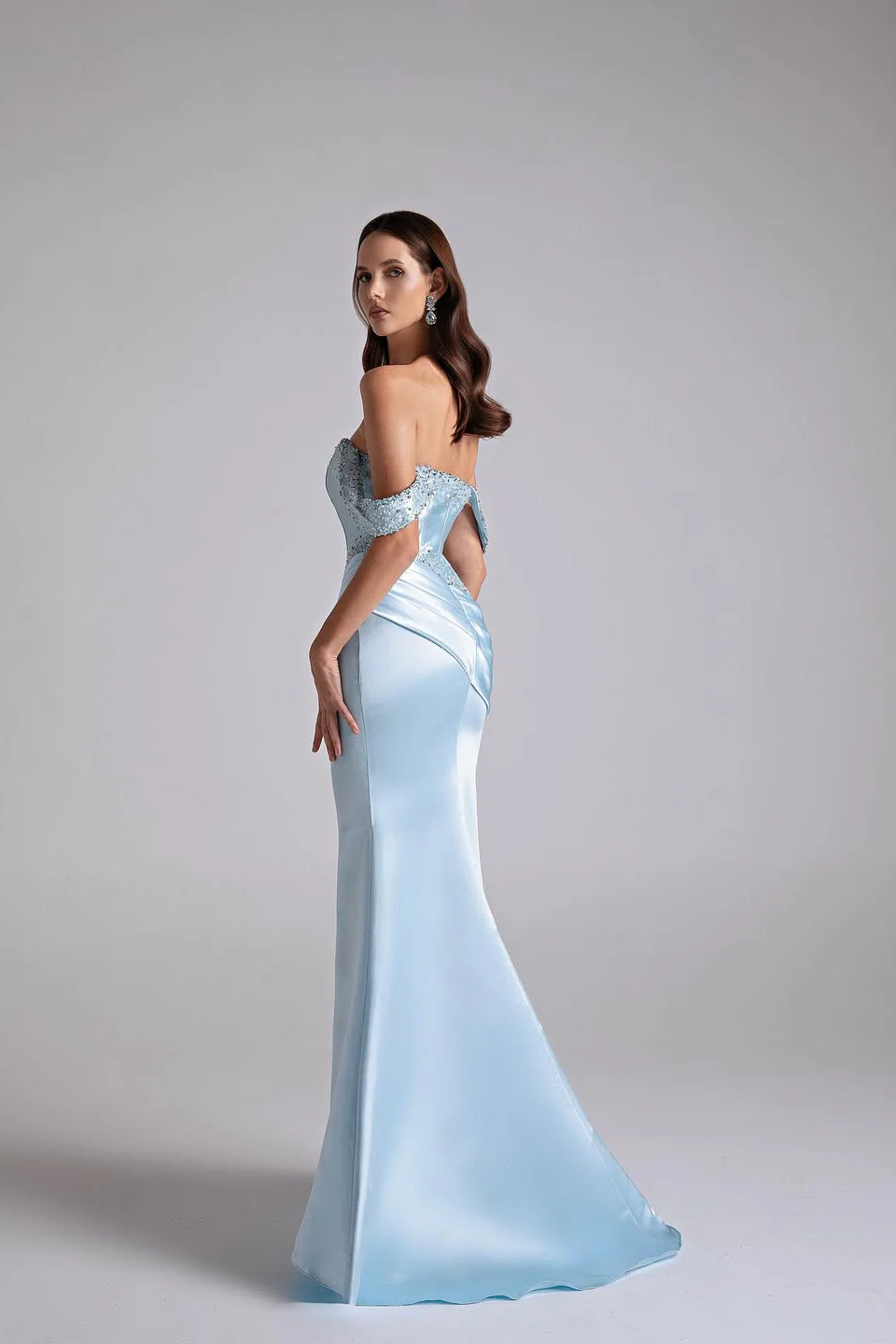 Glamorous Sky Blue Off-The-Shoulder Satin Mermaid Prom Dress Beading With Zipper - Image 2