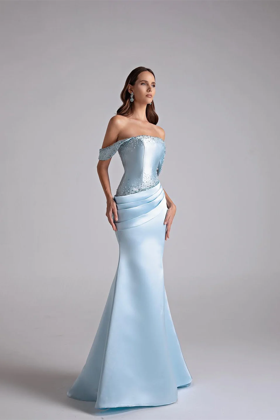 Glamorous Sky Blue Off-The-Shoulder Satin Mermaid Prom Dress Beading With Zipper - Image 4