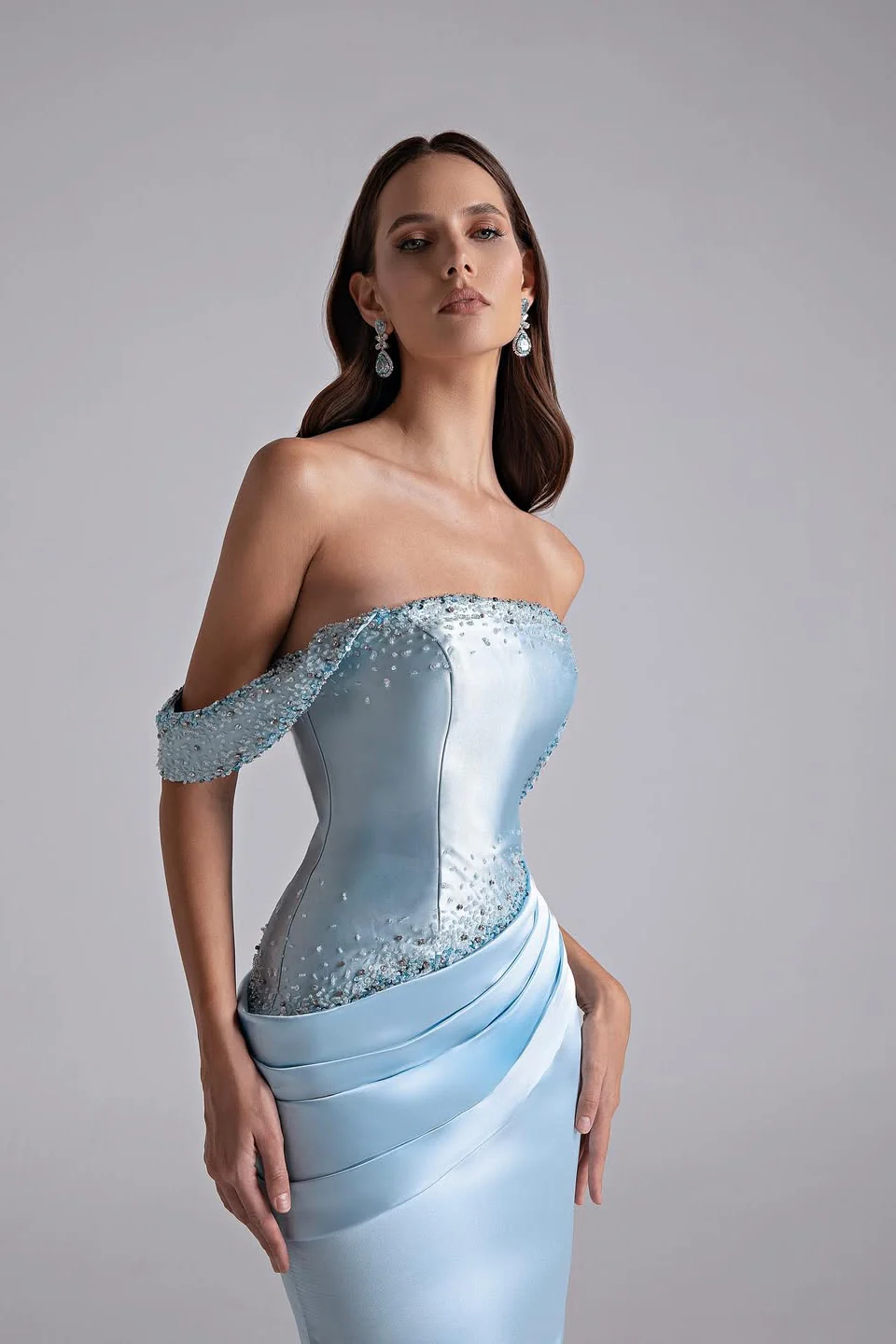 Glamorous Sky Blue Off-The-Shoulder Satin Mermaid Prom Dress Beading With Zipper - Image 5