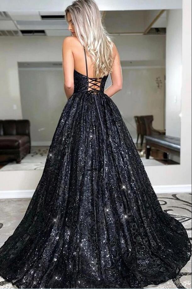 Glamorous Spaghetti-Straps Black Sequins Long Evening Prom Dress - Image 2
