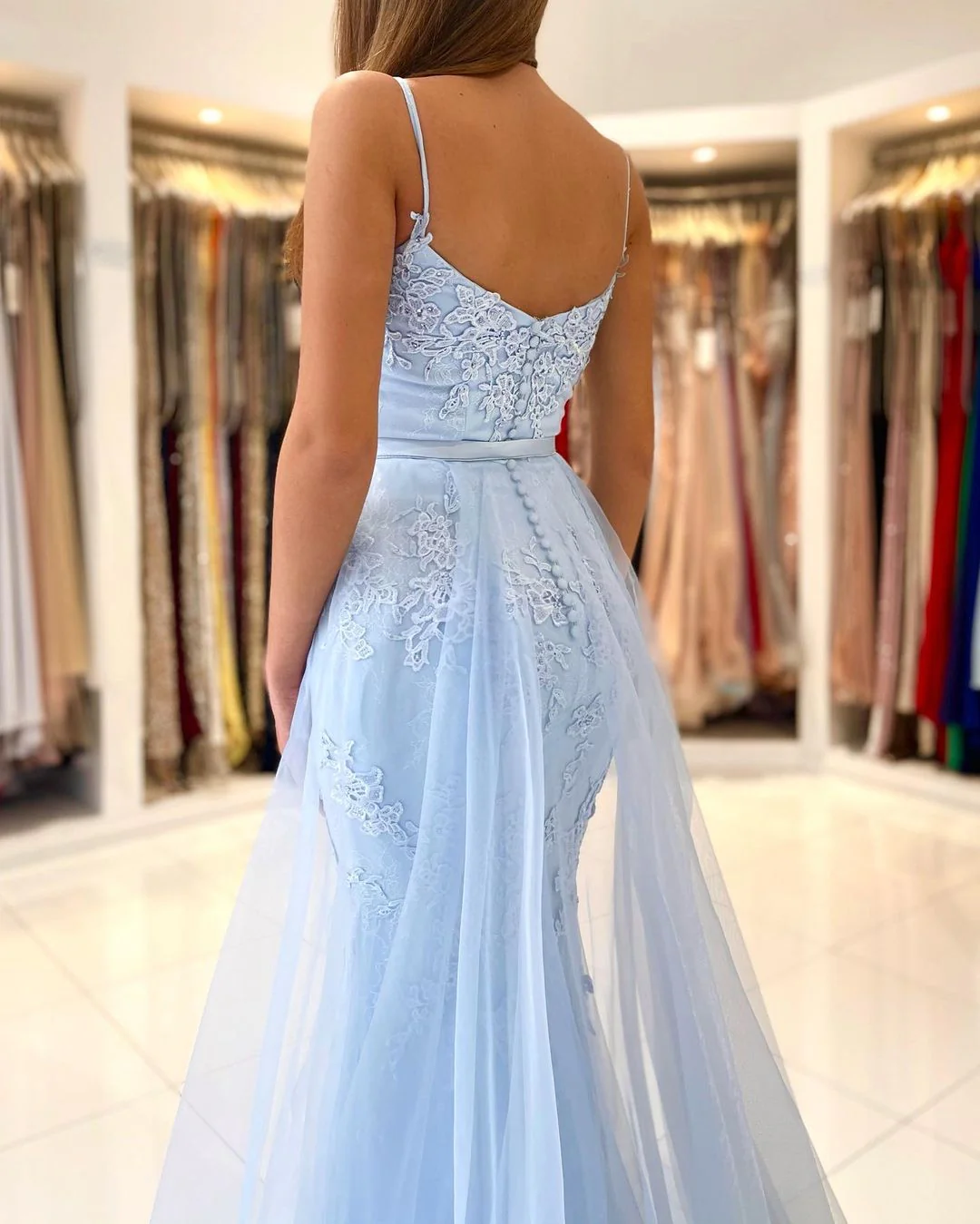 Glamorous Spaghetti-Straps Mermaid Evening Dress With Lace Appliques Ruffles - Image 2