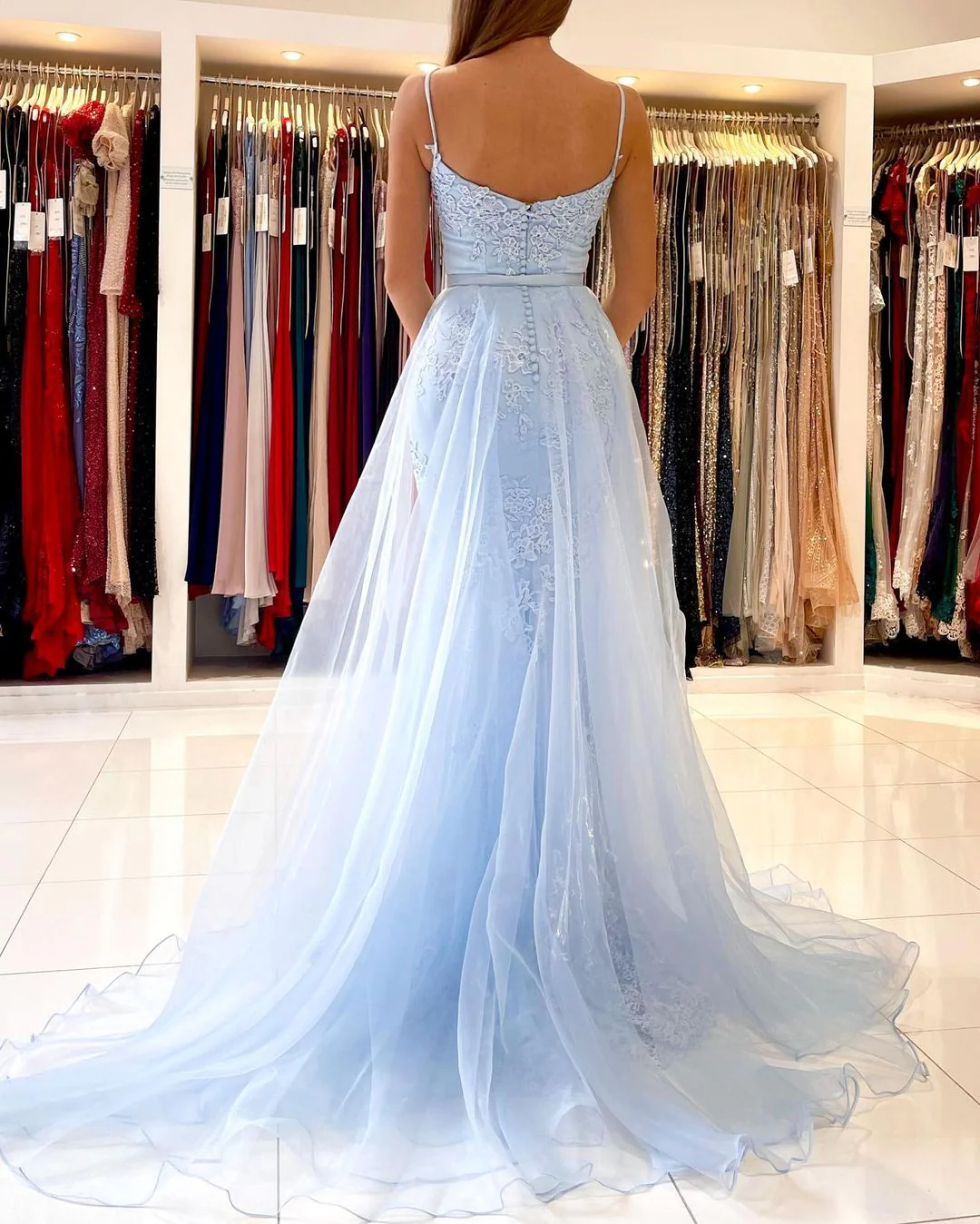 Glamorous Spaghetti-Straps Mermaid Evening Dress With Lace Appliques Ruffles - Image 3
