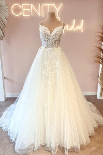 Modern Spaghetti-Straps Sleeveless Long Lace Wedding Dresses Online - Image 2