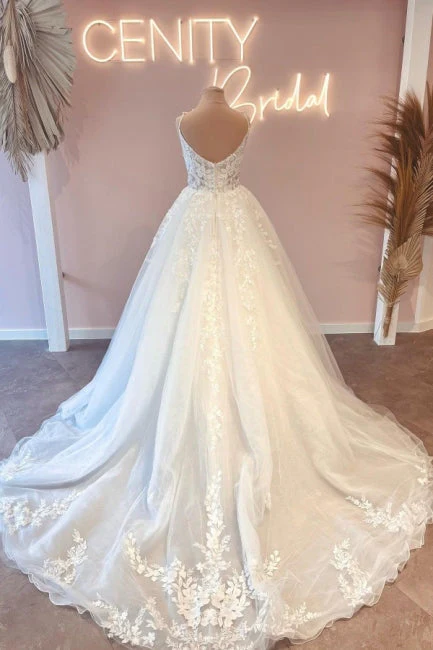 Modern Spaghetti-Straps Sleeveless Long Lace Wedding Dresses Online - Image 3