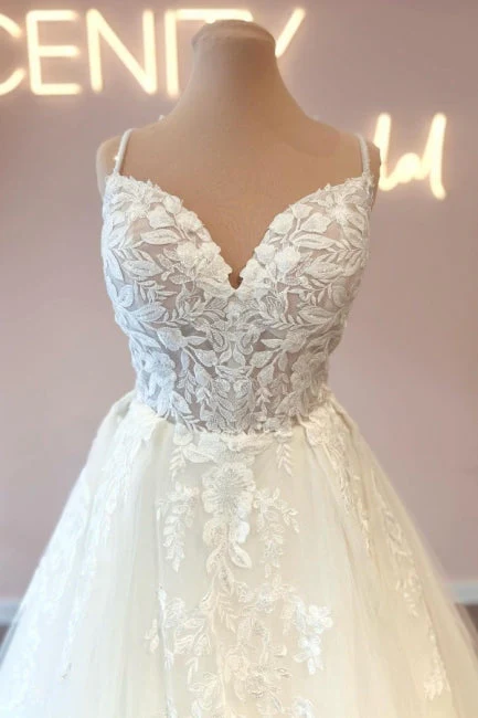 Modern Spaghetti-Straps Sleeveless Long Lace Wedding Dresses Online - Image 4