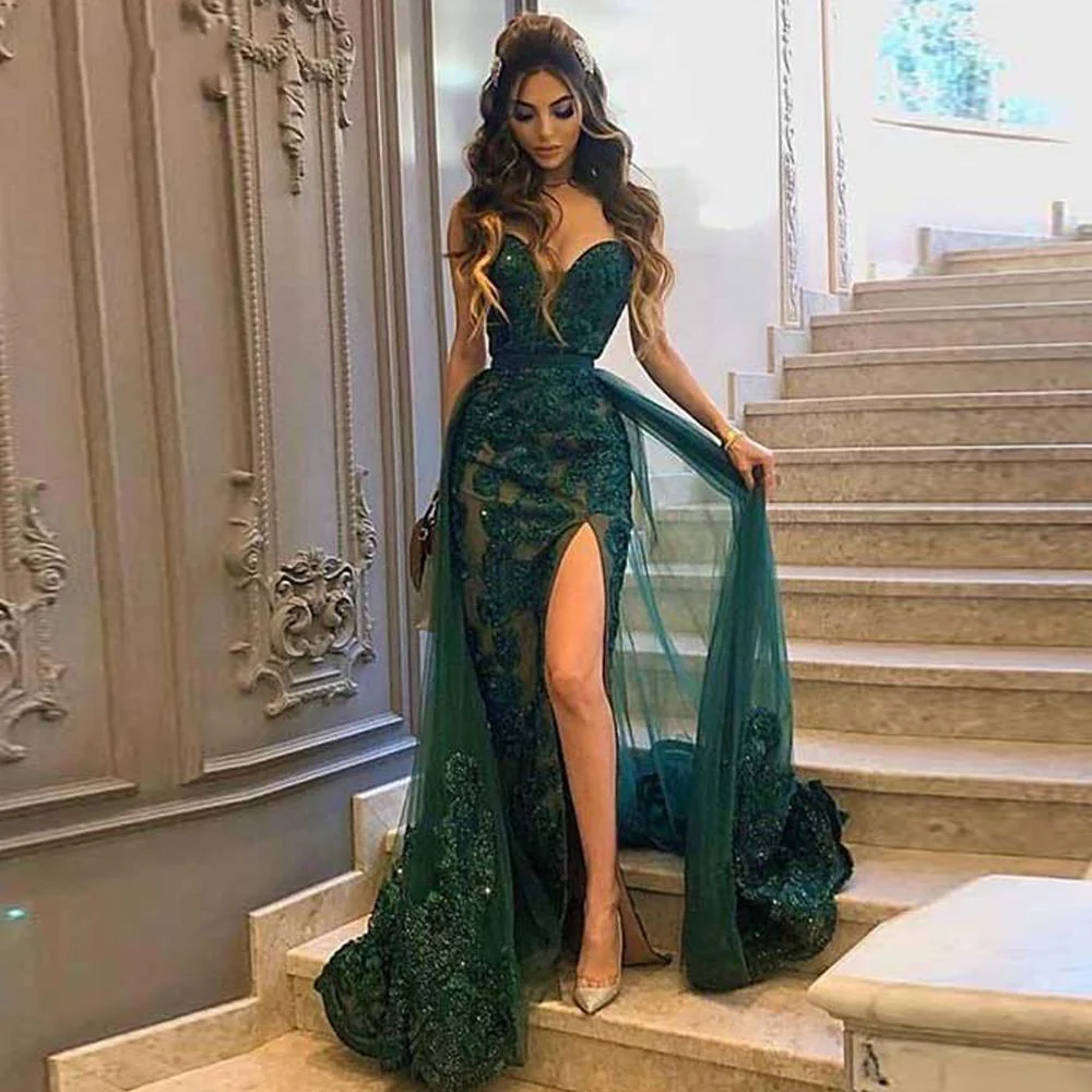 Glamorous Sweetheart Green Prom Dress Long Evening Gowns With Overskirt - Image 2