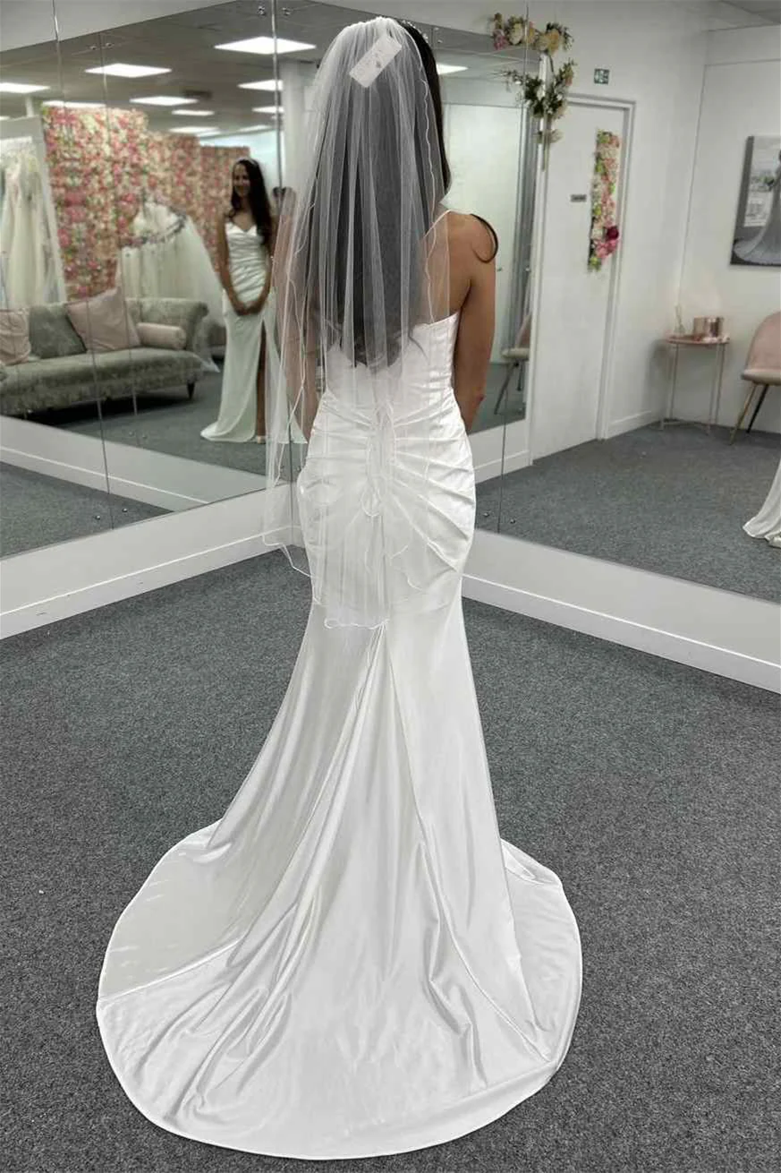 Glamorous Sweetheart Satin Mermaid Sleeveless Wedding Dresses Spaghetti-Straps Side Slit With Pleats - Image 3