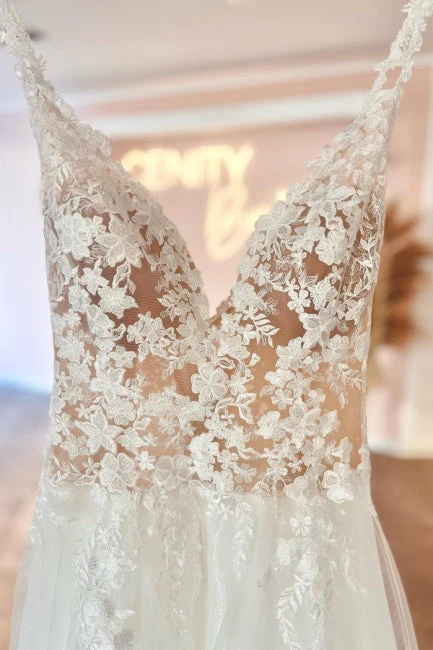 Modern Sweetheart Long V-Neck Sleeveless Lace Wedding Dresses Online - Image 3