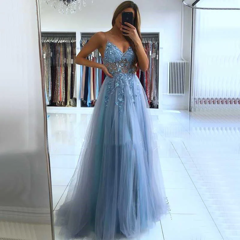 Glamorous V-neck Spaghetti-Straps Tulle Prom Dress Beadings Long Evening Gowns - Image 10