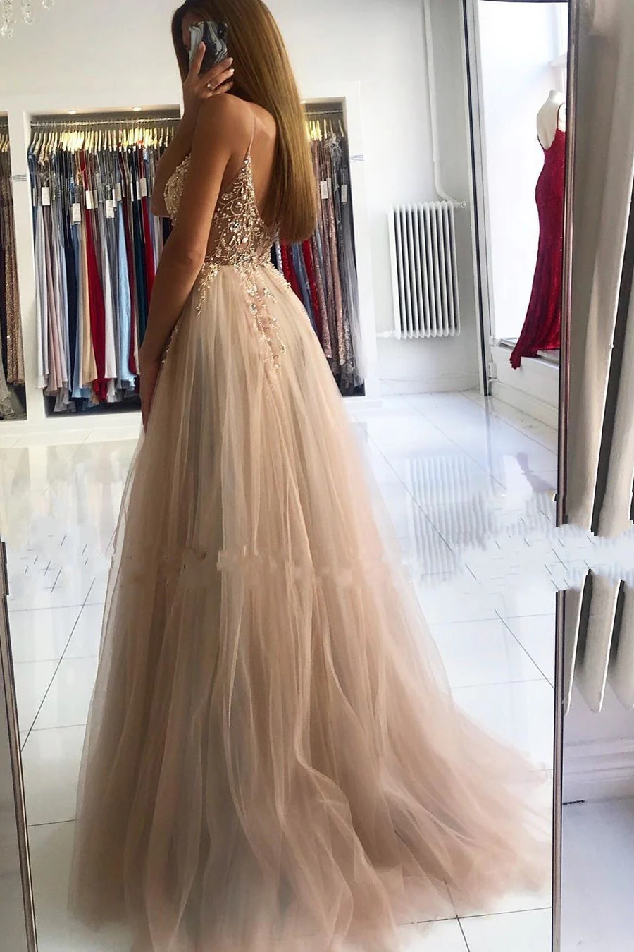Glamorous V-neck Spaghetti-Straps Tulle Prom Dress Beadings Long Evening Gowns - Image 2