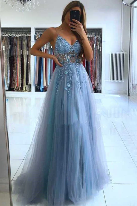 Glamorous V-neck Spaghetti-Straps Tulle Prom Dress Beadings Long Evening Gowns - Image 4