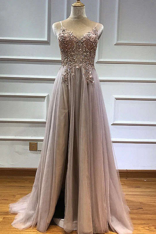 Glamorous V-neck Spaghetti-Straps Tulle Prom Dress Beadings Long Evening Gowns - Image 6