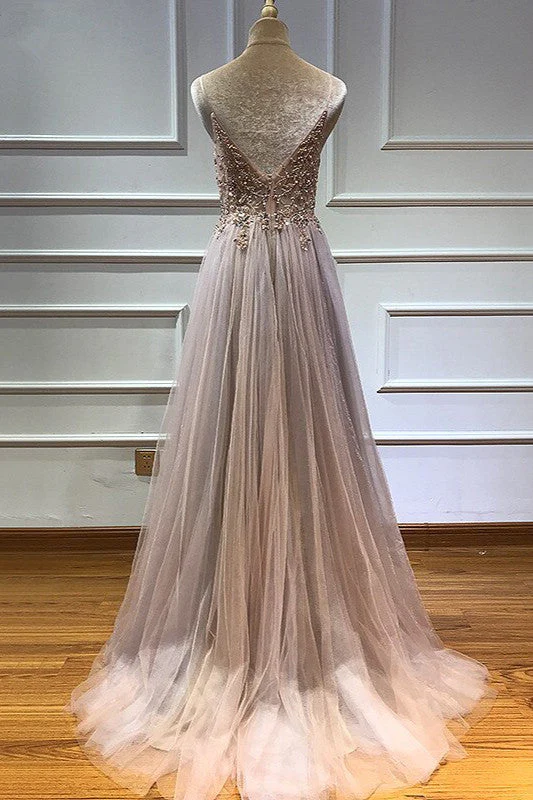 Glamorous V-neck Spaghetti-Straps Tulle Prom Dress Beadings Long Evening Gowns - Image 7