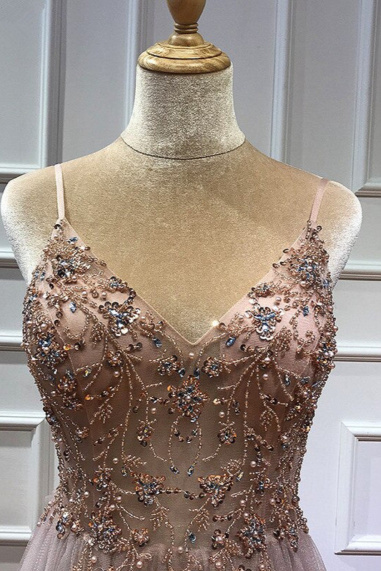 Glamorous V-neck Spaghetti-Straps Tulle Prom Dress Beadings Long Evening Gowns - Image 8