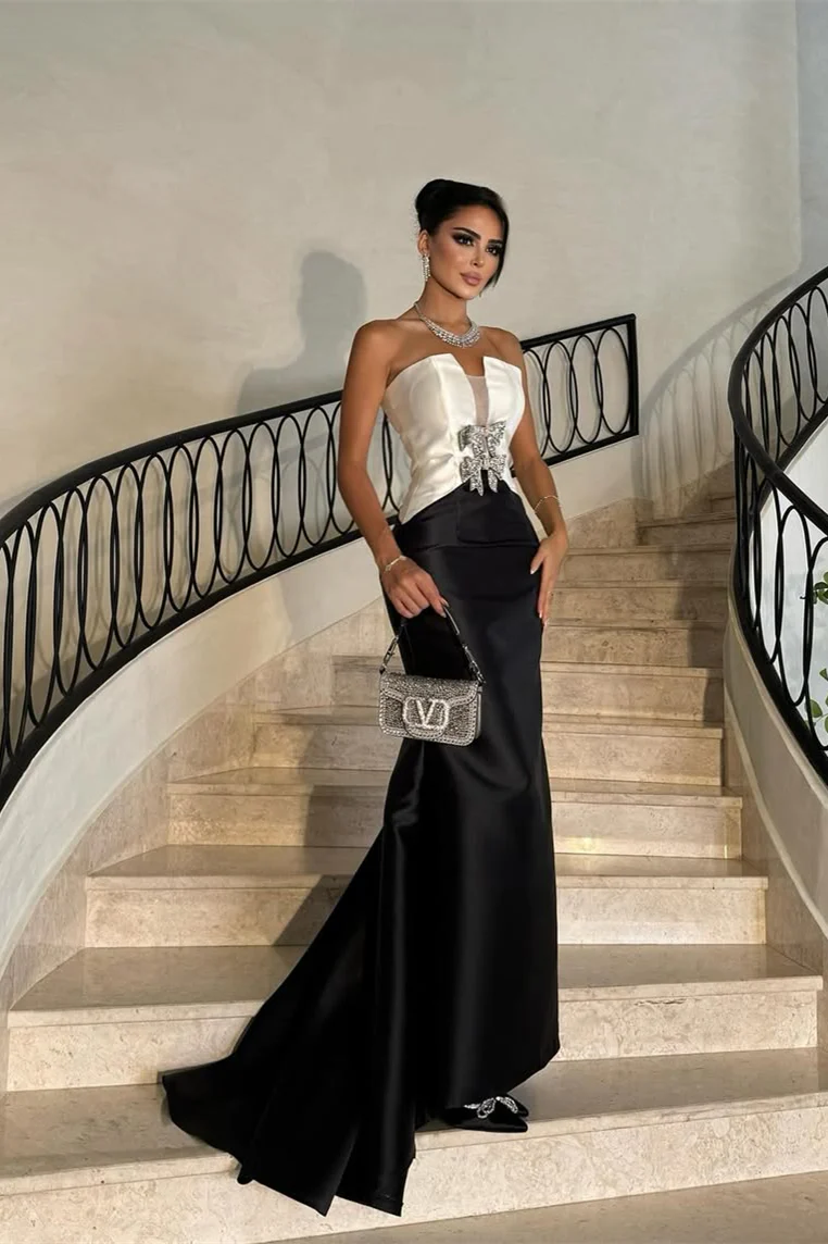 Glamorous White Black Satin Strapless Sleeveless Prom Dress Mermaid With Bow Knot - Image 2