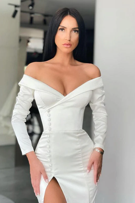 Glamorous White Long Sleeves Mermaid Evening Dress Off-the-shoulder Split Prom Gown - Image 2