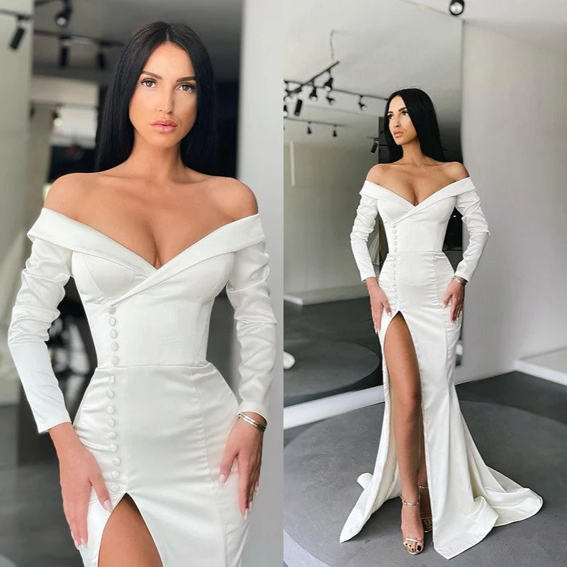 Glamorous White Long Sleeves Mermaid Evening Dress Off-the-shoulder Split Prom Gown - Image 3