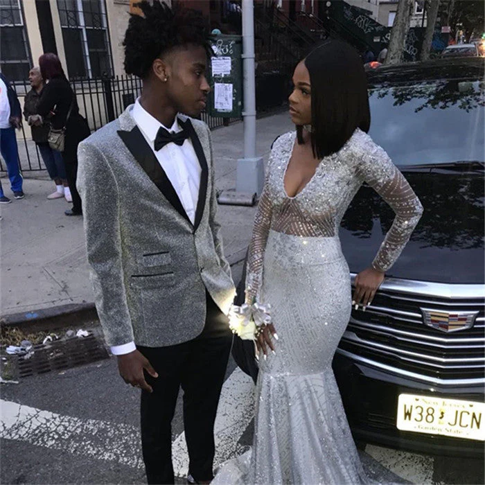 Glitter Silver Sequins Men Suits Peaked Lapel Two Piece Prom Outfits - Image 2