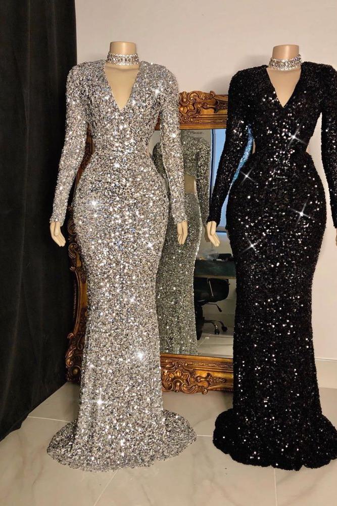 Glittering Crystal Sequins Long Sleevess V-neck Mermaid Prom Dresses - Image 2