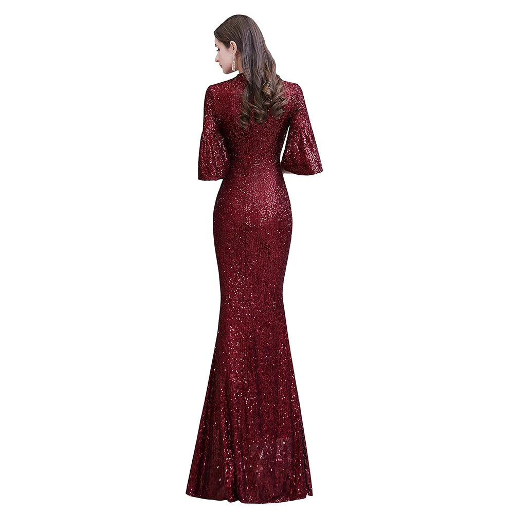 Glittering Half Sleeves Keyhole Mermaid Long Burgundy Prom Party Gowns - Image 11