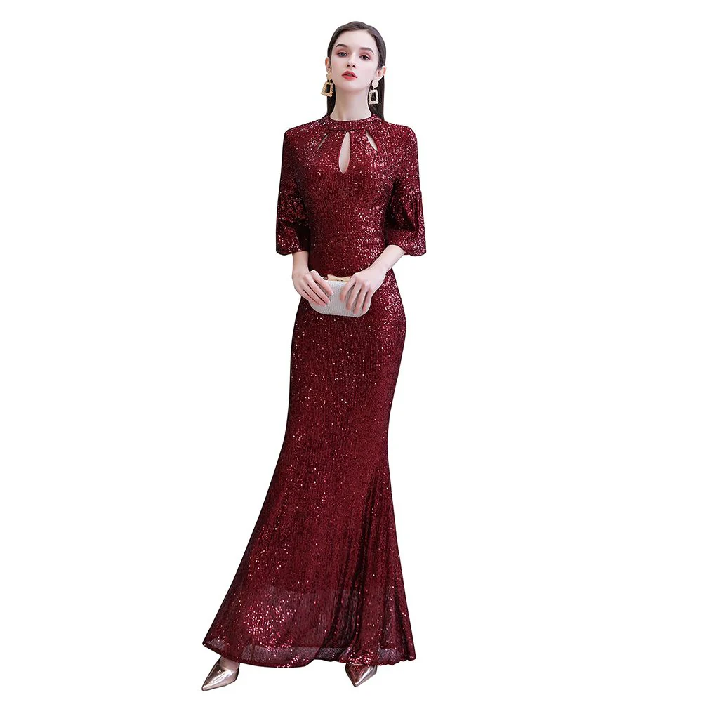 Glittering Half Sleeves Keyhole Mermaid Long Burgundy Prom Party Gowns - Image 12