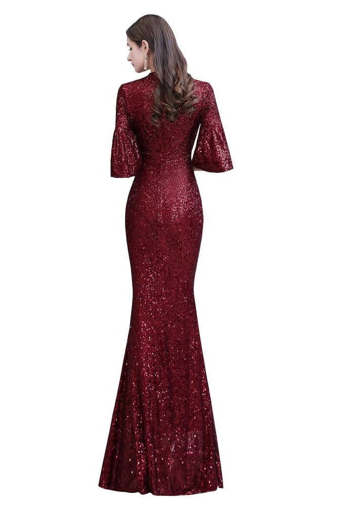 Glittering Half Sleeves Keyhole Mermaid Long Burgundy Prom Party Gowns - Image 13